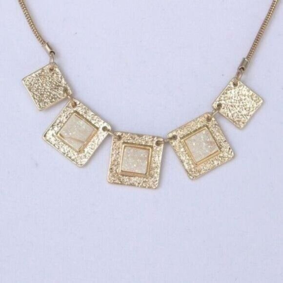 Hammered Gold Necklace Squares raw stone inset New with Tags - Picture 5 of 15